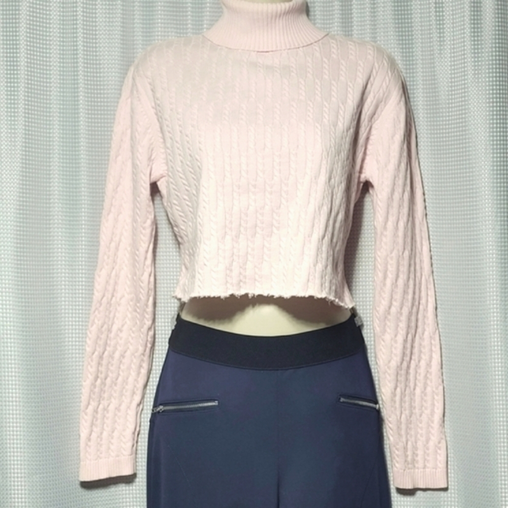 Simply Sweet Pink Turtleneck Cable Knit Long Sleeve Raw Edge Sweater (S)
